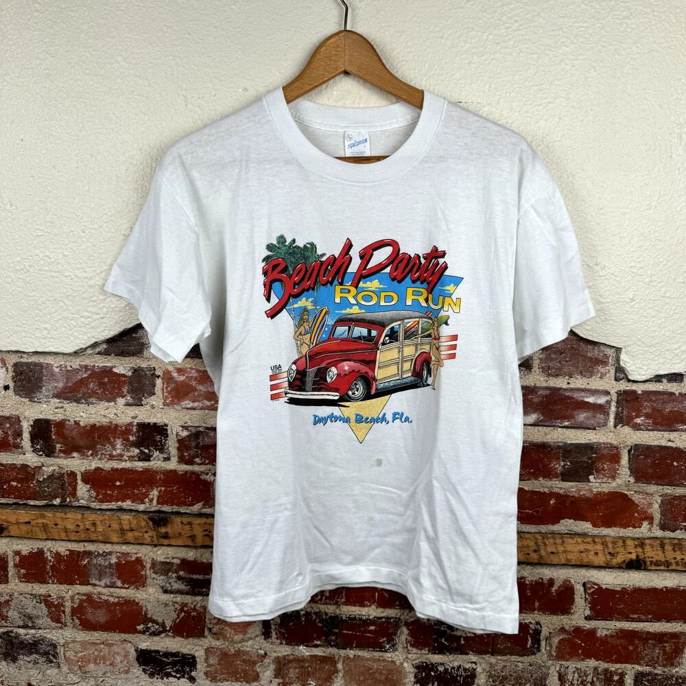 Vintage Rod Run Shirt Sz Large White Single Stitch Beach Party Bikini Girls 80s
